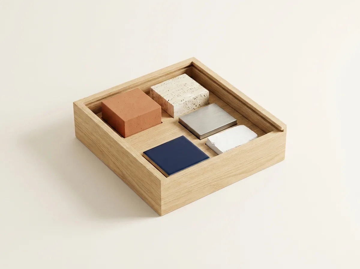 Caja de muestras de arquitecto en roble con cinco materiales encajados: terracota, travertino, acero, azulejo azul marino y yeso.