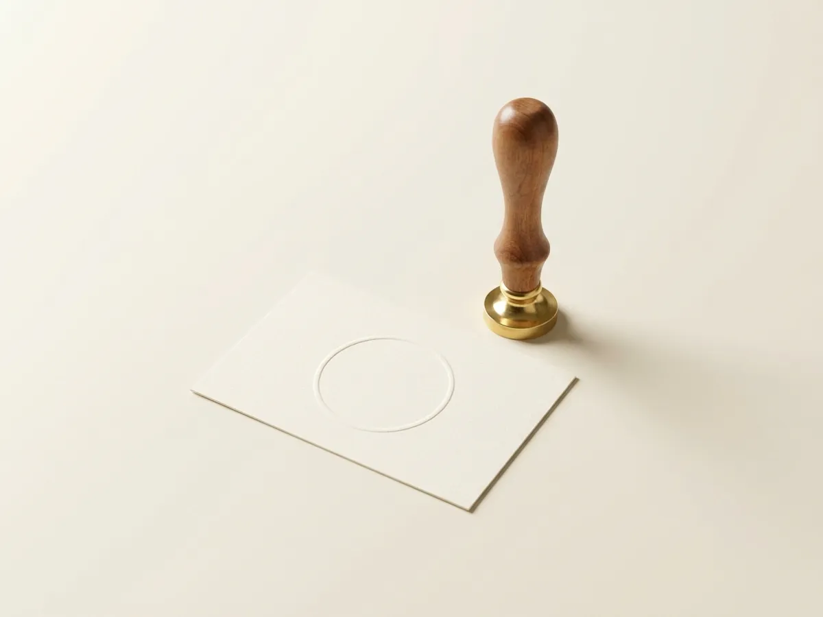Sello de mano de latón junto a tarjeta con relieve ciego